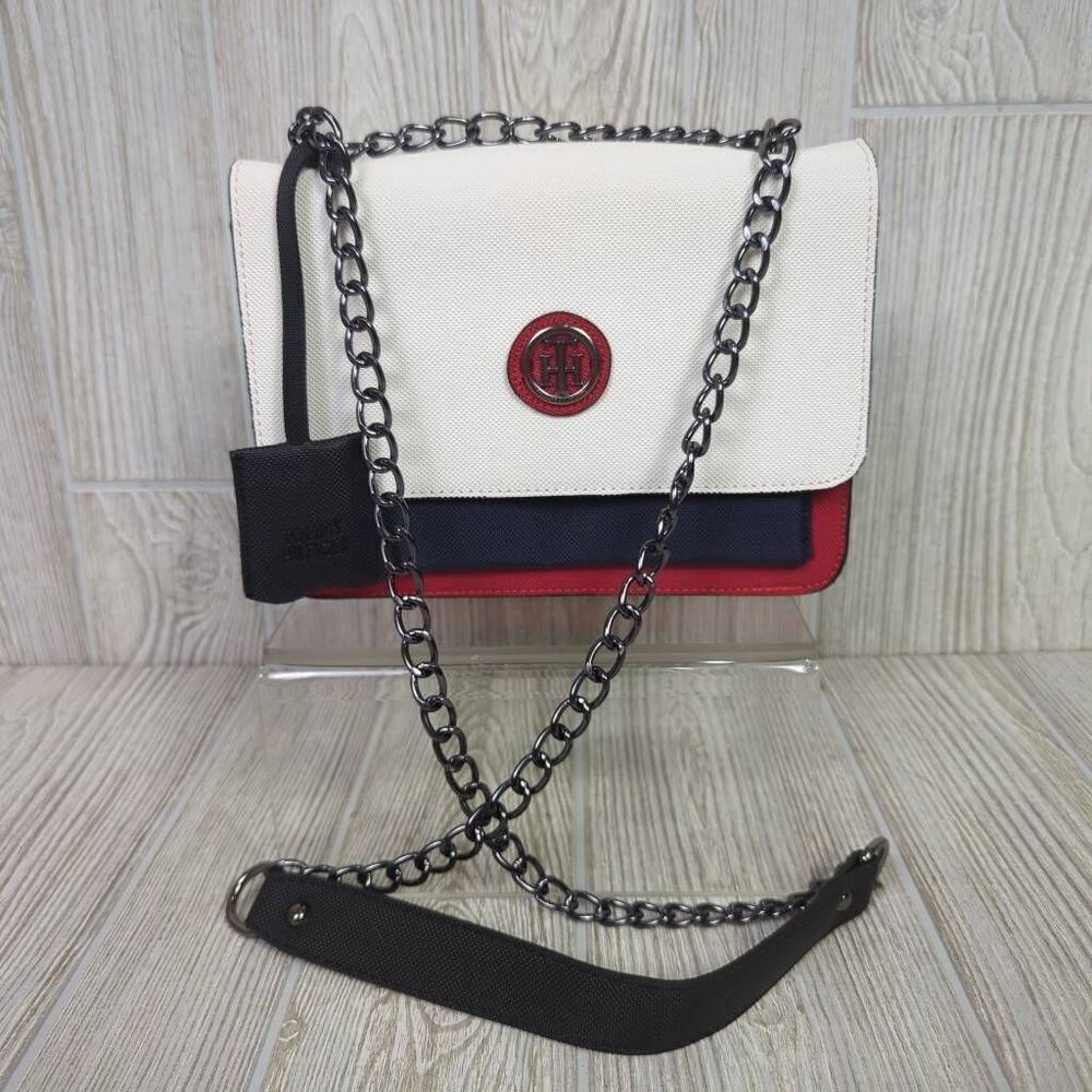 Tommy Hilfiger Classic Colorblock Blue White Red Chain Crossbody Bag Faux Leathe